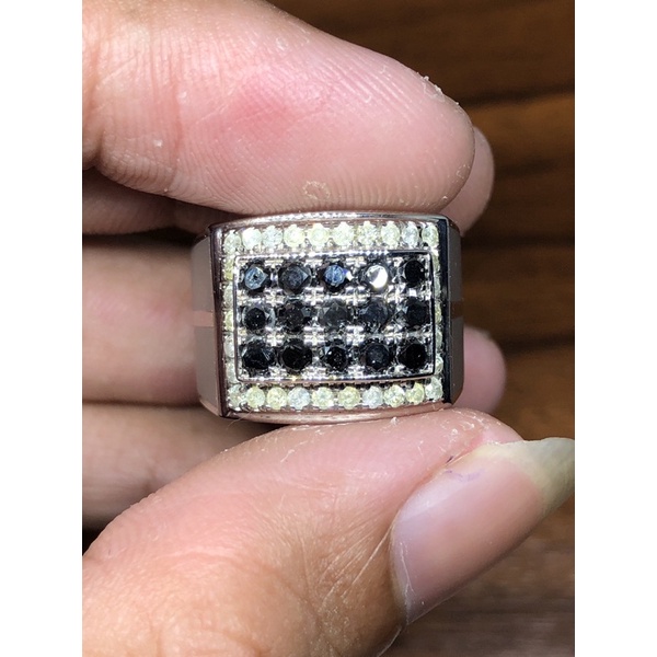 cincin perak pria mewah berlian hitam dan berlian putih
