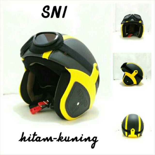 Helm Retro Kulit Klasik Hitam Pleret Kuning Kacamata