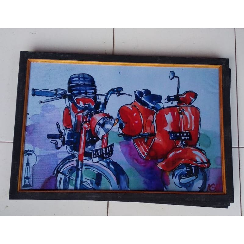 Lukisan murah poster murah hiasan dinding gambar  motor CB dan vespa plus Bingkai ukuran 65×45