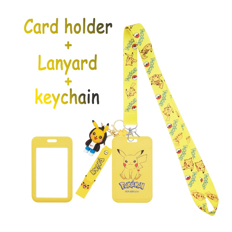 Kartun Pikachu 3D Gantungan Kunci Dengan Pemegang Kartu Leher Lanyard 3 In 1 Nama Sekolah Tag Bus Kartu Kunci Tali Telepon