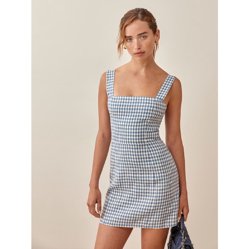Dress casual import Blue Grid korea style biru kotak