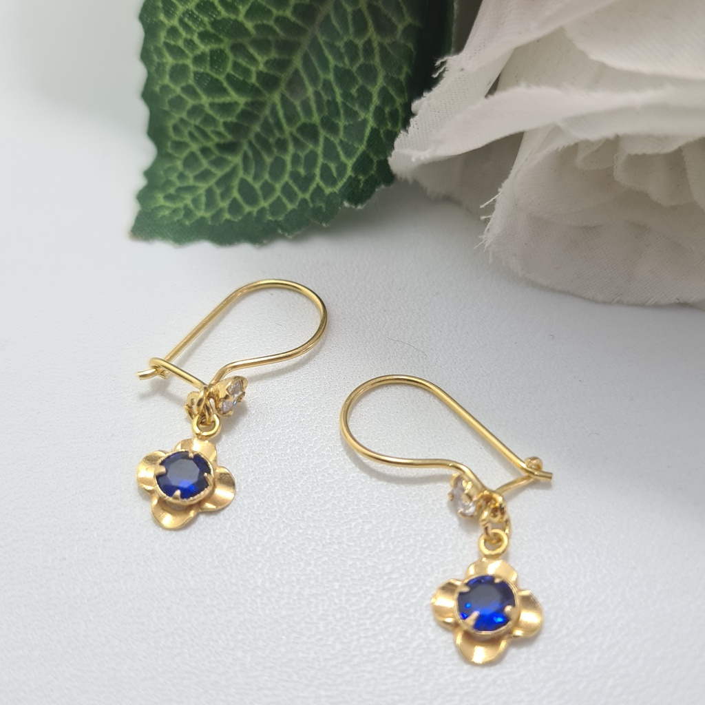 Anting Kait Emas Muda Bandul Bunga Mata 1 Biru