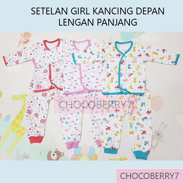 Setelan Baju Bayi Perempuan Anak Lengan Panjang Kancing Depan Pundak + Celana merk LittleQ Little Q