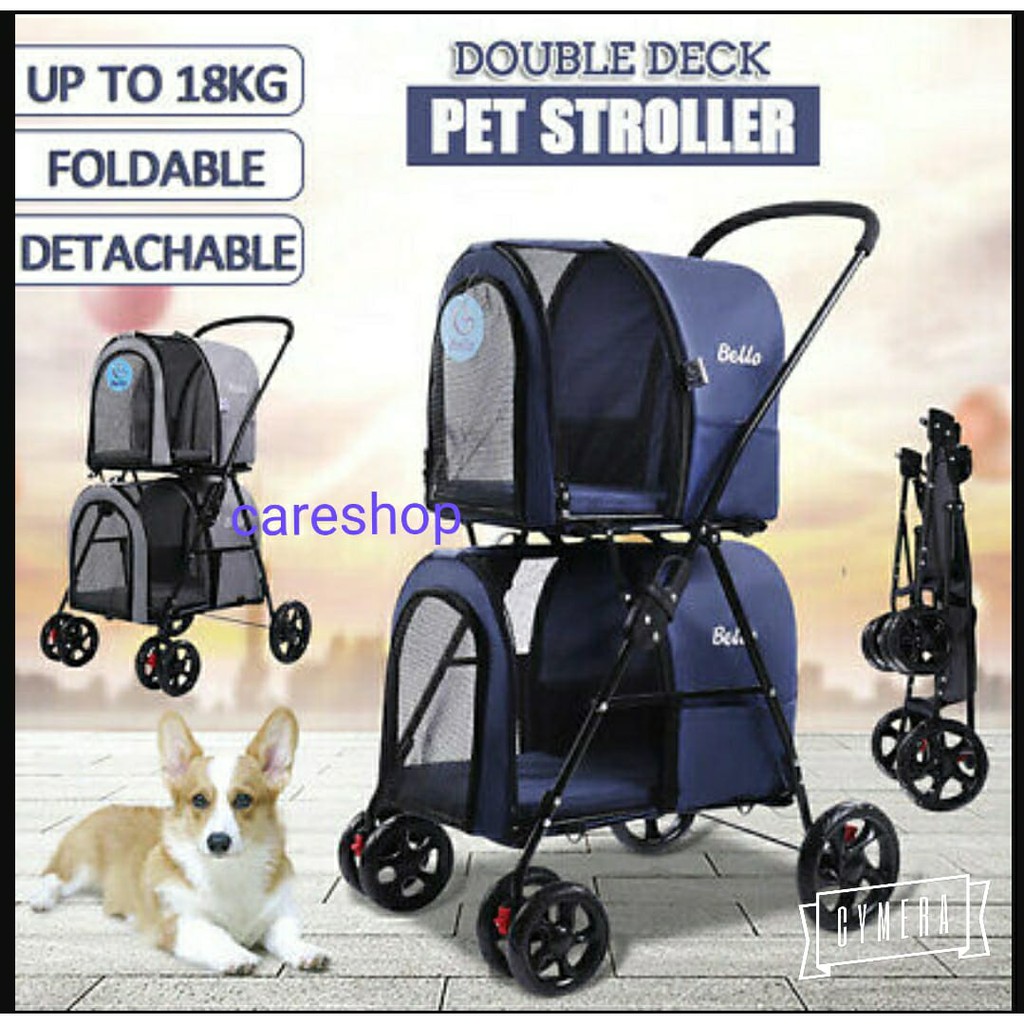 Stroller Hewan Susun Tingkat 2 - Double Deck Pet Stroller Foldable