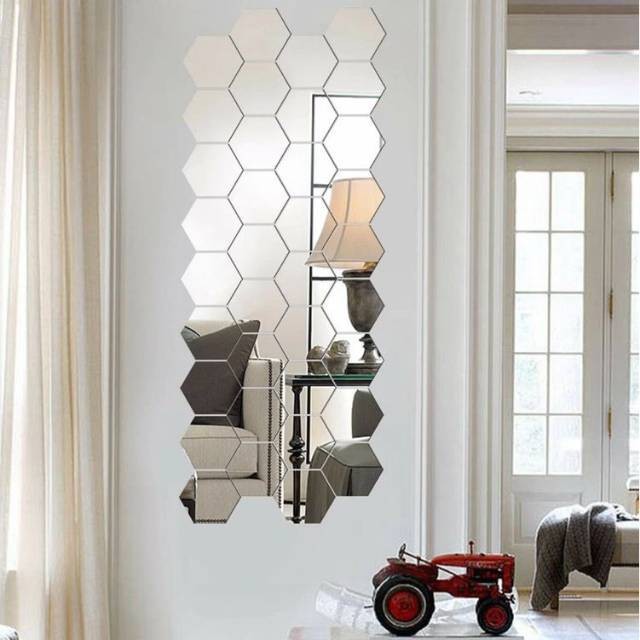 BRGUNIK Cermin Kaca Hexagonal Mirror Dekorasi Hiasan Dinding Stiker Kaca Hexagon Cermin R215