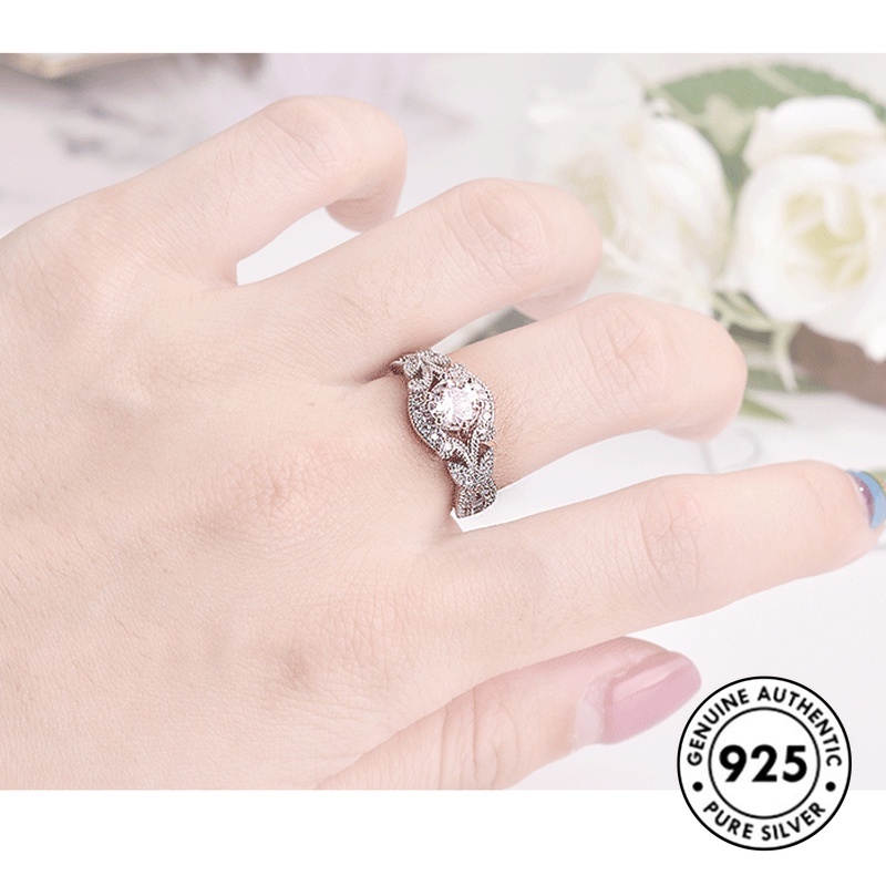 Cincin Sterling Silver 925 Desain Daun Hias Berlian Imitasi Elegan Untuk Wanita