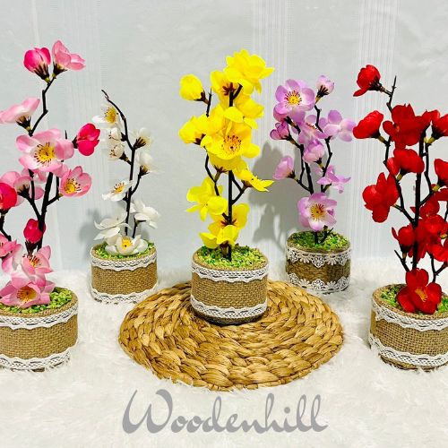 Furniture hiasan bunga sakura artifisial dengan pot goni lucu dan unik, bunga plastik anggrek mawar bunga buah lemon ceri cabe jeruk