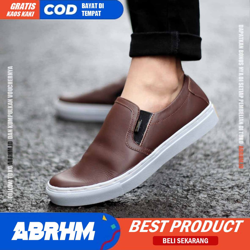 ABRHM- MORI Sepatu Slip On pria Sepatu Casual Pria Sepatu Pria Casual Kulit Asli Cowo/Cowok Ori Sepatu Kasual Sneakers Kets Gaya Santai Keren Kekinian Murah Terlaris