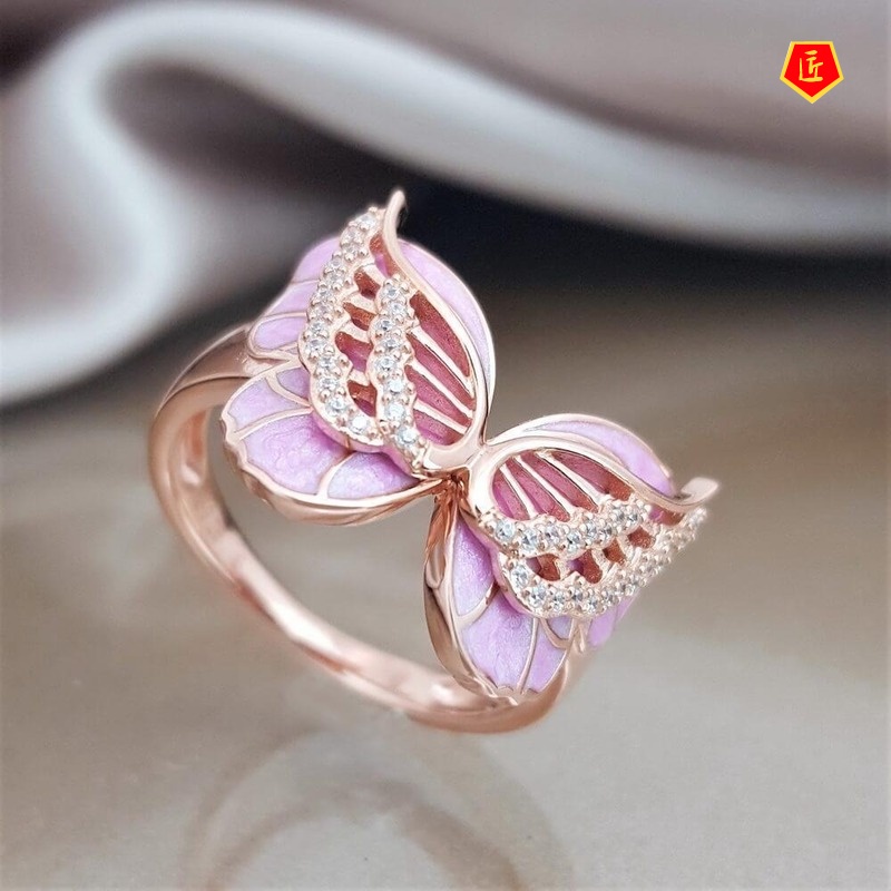 [Ready Stock]Diamond Pink Butterfly Ring 18K Rose Gold Simple Sweet