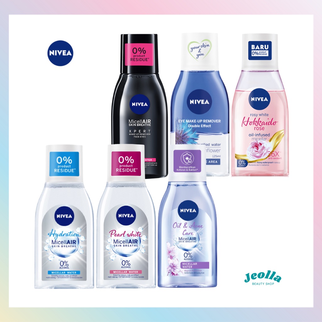 NIVEA MicellAir 125 - 200 ml (Pearl &amp; White, Hydration Skin, Oil &amp; Acne Care, Hokkaido Rose Oil-Infused, Face MicellAir Black XPERT, Face Make Up Double Eye Remover) Micellar Water