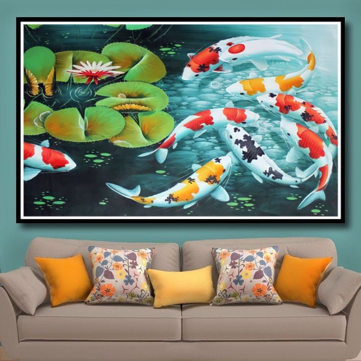 Lukisan Poster Ikan Koi hoki Fengshui 9 Jumbo 3 dimensi Xtra Besar Ukuran 70x50 cm 100x70cm 150x100c