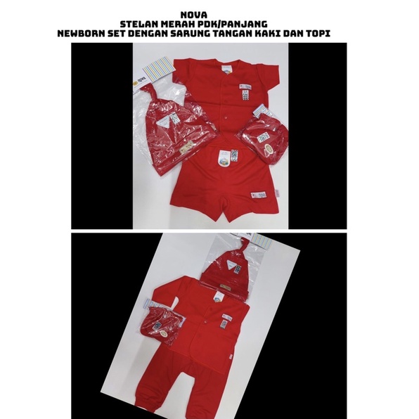 Setelan Bayi Merah Nova Newborn, Set Lengkap Baju, Stk, Topi Merah