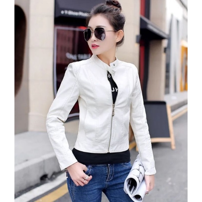 jaket kulit wanita crop style korean original putih