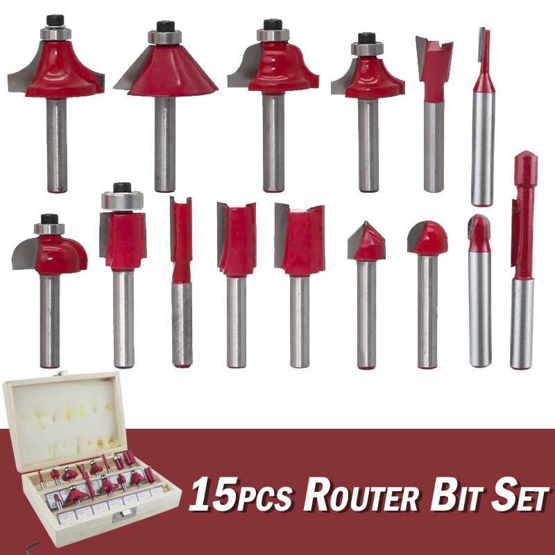 YUKIDO Mata Mesin Profil Router Bit Set 15 Pcs 1/4 Inch Untuk Membentuk Kayu Free Box PLASTIK