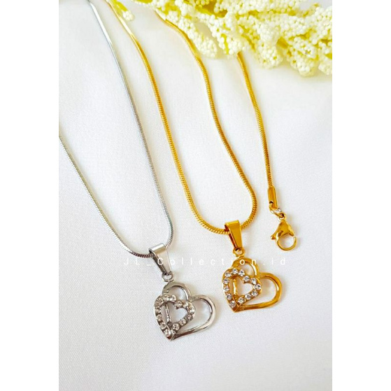 Kalung Titanium Double Love Warna emas dan silver antikarat impor