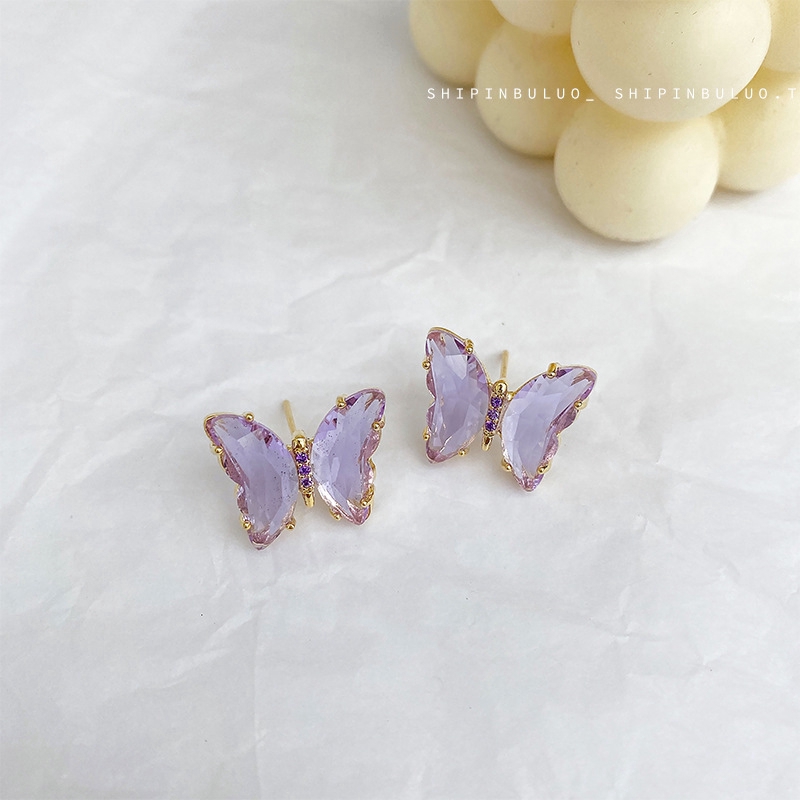 Shiny Crystal Butterfly Stud Earrings for Women Simple Style Purple  Insect Earrings Fashion Jewelry Gifts