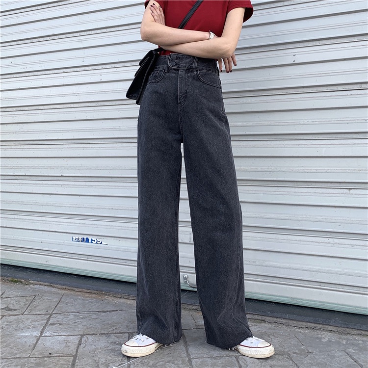 High Waist Jeans Wanita Loose Abu-abu Gelap Korea Style Celana Panjang