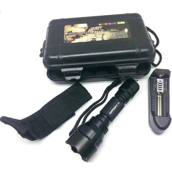 TaffLED Paket Senter LED Flashlight Cree Q5 4000 Lumens + 1xBattery + Charger + Box C8 Hitam Grab