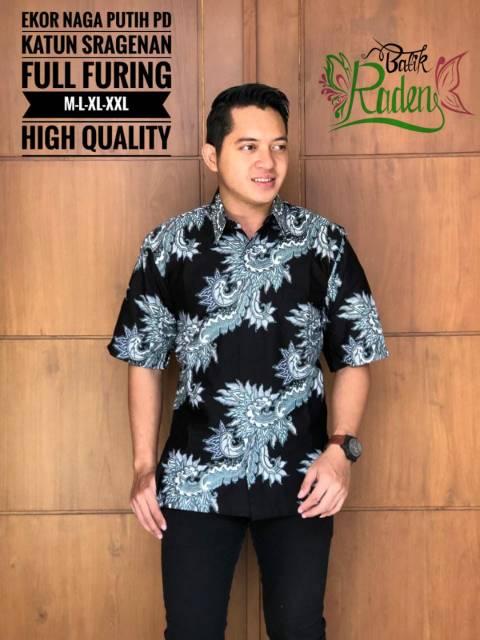 Batik Solo EKOR NAGA PUTIH Kemeja Pria Katun Sragenan Full Furing