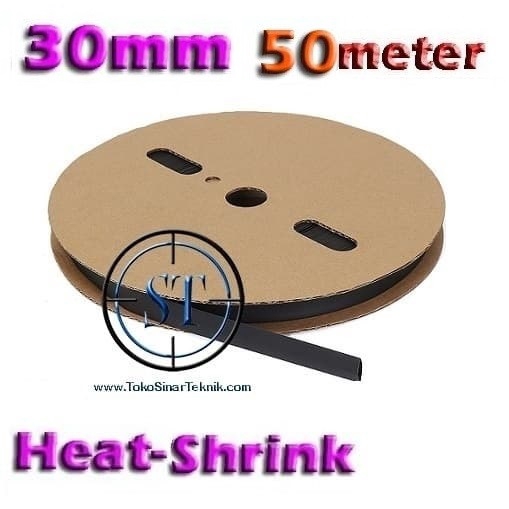 1 ROLL = 50M Ukuran 30mm Selongsong Bakar Kabel Heatshrink Tube Pelapis Kabel Pelindung Cable Selag Ciut Pipih Hitam PAnas Heat untuk Diameter Kabel 30mm