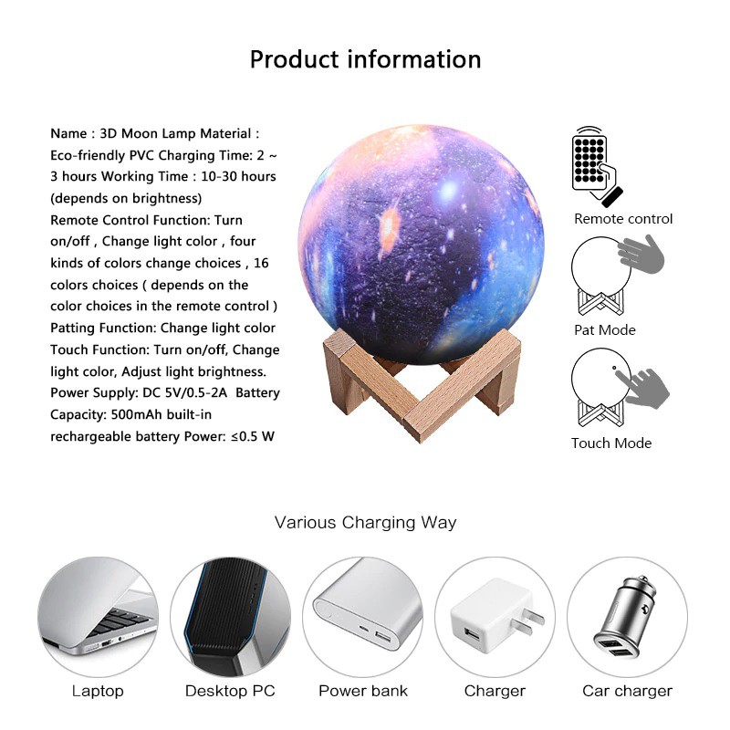 3D Print Colorful Starry Sky Lunar - Lampu Tidur Bentuk Planet - 10 cm