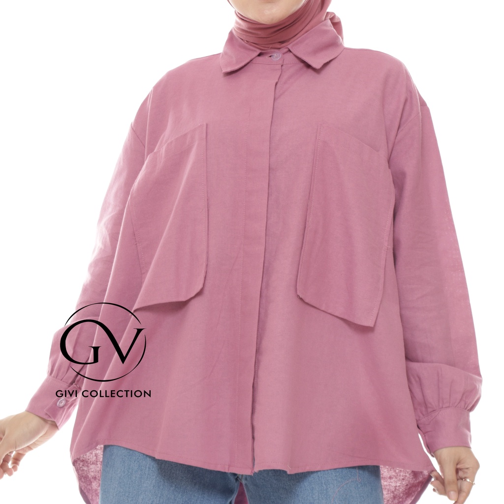 lydia blouse | kemeja wanita oversize linen rami | shirt wanita oversize | atasan wanita terbaru | kemeja pocket