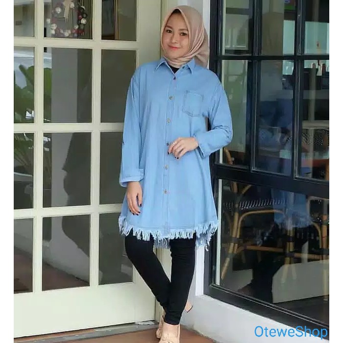 Baju Import Atasan Wanita Della Long Tunik Jeans Premium Blue Onmond Rawis Bawah Original