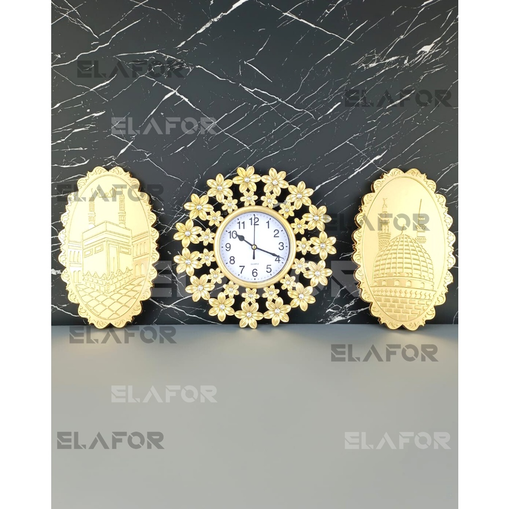 Jam Dinding Hias Islamic / Walldecor / Dekorasi Ka'bah Masjidil / Jam Informa Set 3in1