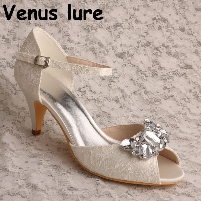 Crystal Lace Heels Mary Jane Wedding Shoes Ivory Lace Strap Shoes for Bride