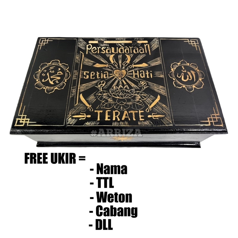 (FREE UKIR NAMA) KOTAK MORI PSHT MURAH DARI KAYU JATI MOTIF UKIR LAFADZ ALLAH MUHAMMAD TEMPAT PENYIMPANAN SABUK PENCAK SILAT