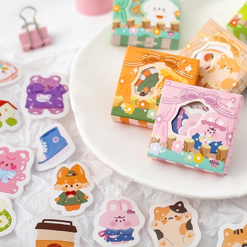 

45 pcs stiker free box lucu ala korea murah imut cute sticker untuk buku catatan scrapbook diary harian DIY kerajinan tangan lucu murah pastel pink yellow blue purple brown green coklat merah muda kuning hijau ungu