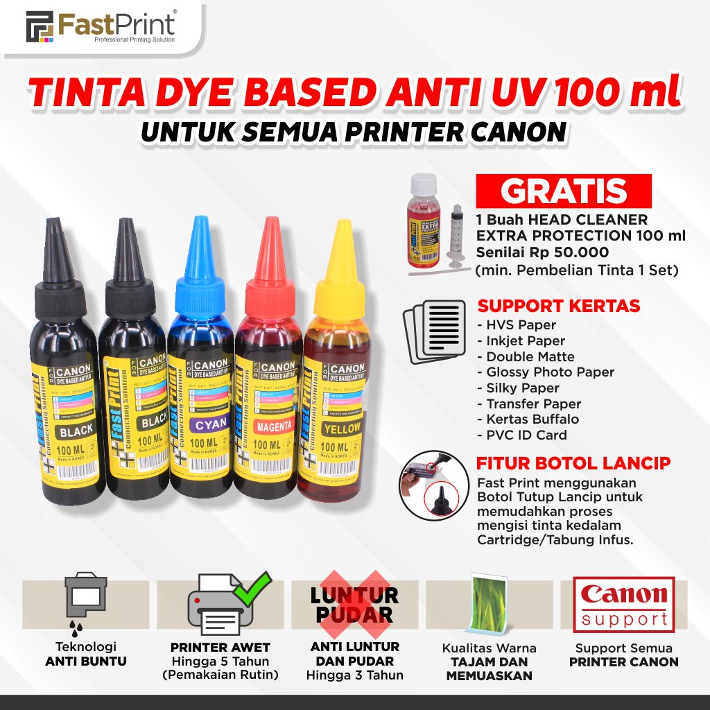 Tinta Dye Based Anti UV 100ML Printer Canon 1 Set 5Warna