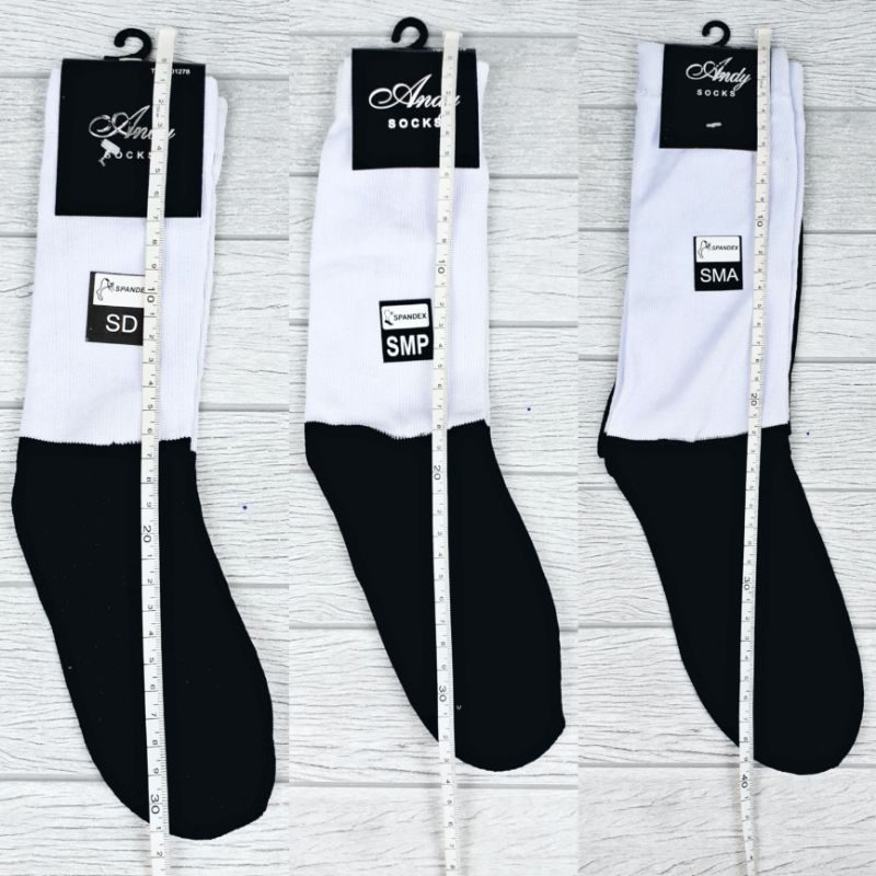 Kaos Kaki Anak SD SMP SMA Andy Sock Sekolah Panjang Hitam Putih Polos Pendek Katun Sebetis Betis Wanita Pria