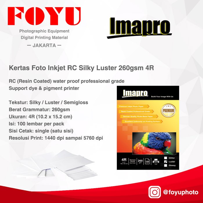 

Senikertas- Kertas Foto Inkjet Imapro Professional Rc Silky Luster 260Gsm 4R -Kertas-Seni.