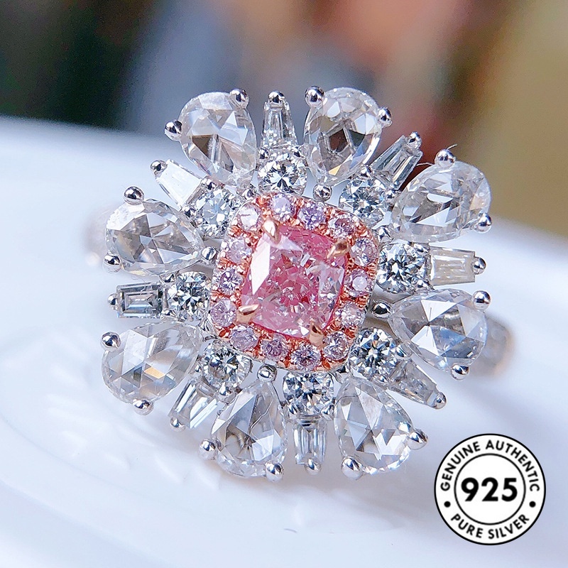 Cincin Silver S925 Hias Berlian Bentuk Kotak Warna Pink Untuk Wanita