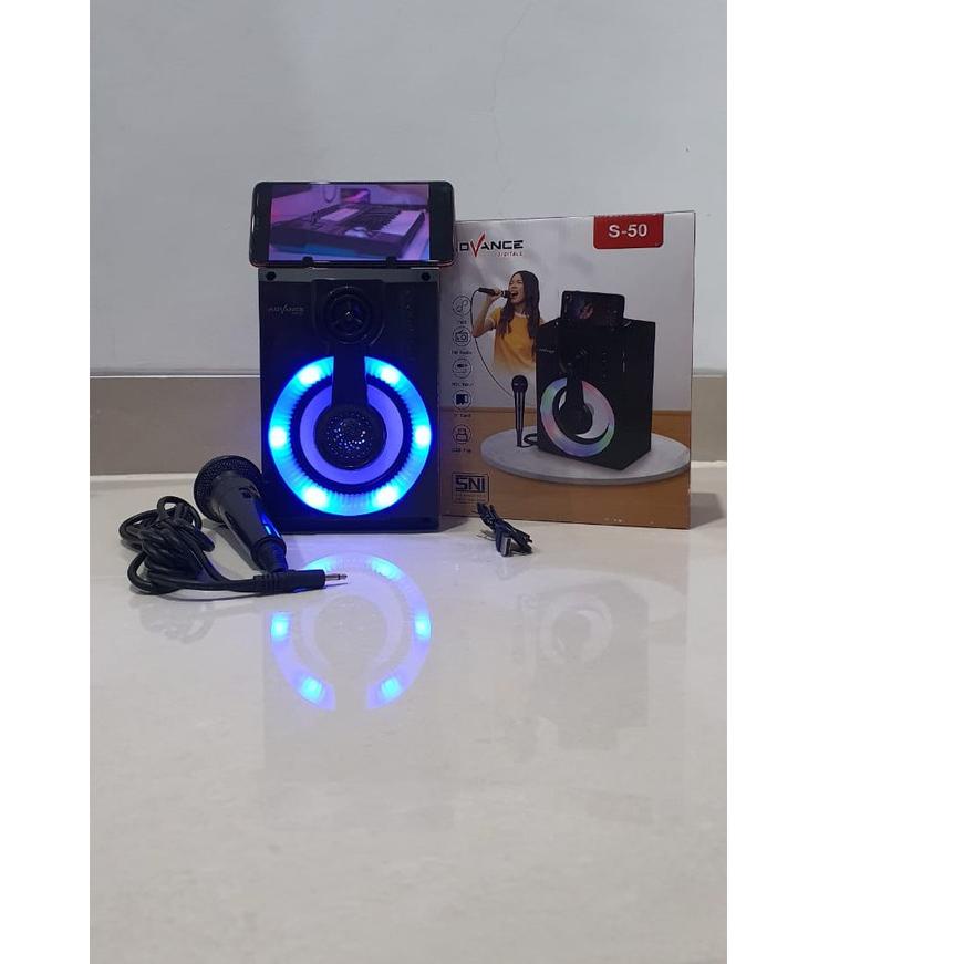 ✬ SPEAKER KARAOKE PORTABLE ADVANCE S-50 FREE MIC KABEL NEW VERSION BISA BLUETOOTH DAN TWS ℗