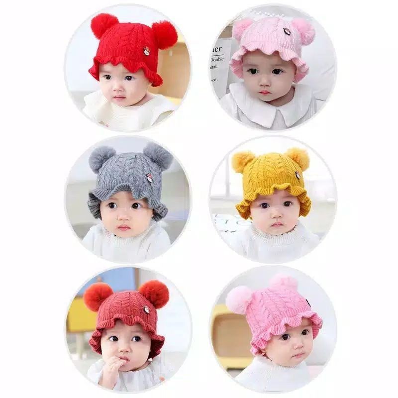 Topi bayi rajut pom renda pin bear Knitted Ruffle Baby hat kupluk