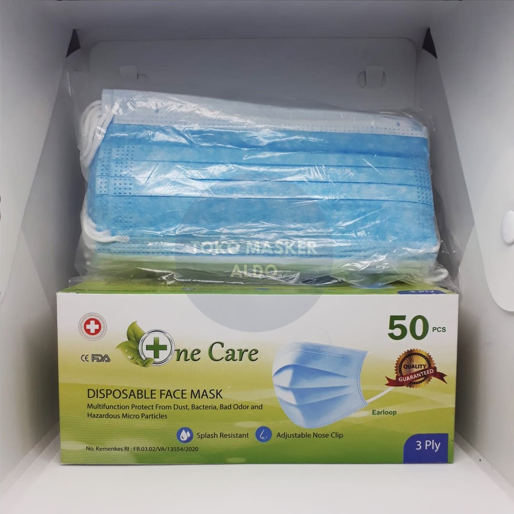 MASKER ONE CARE 3 PLY EARLOOP DISPOSABLE FACE MASK ISI 50PCS MASKER NON EMBOS ONE CARE BIRU 1 BOX IS