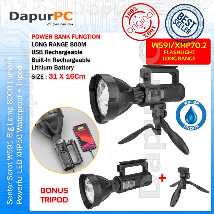 Senter Sorot W591 Big Lamp 8000 Lumens LED XHP70.2 Waterproof & Tripod