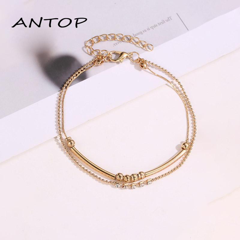 Gelang Kaki Double Layer Aksen Manik-Manik Berlian Gaya Retro Untuk Wanita