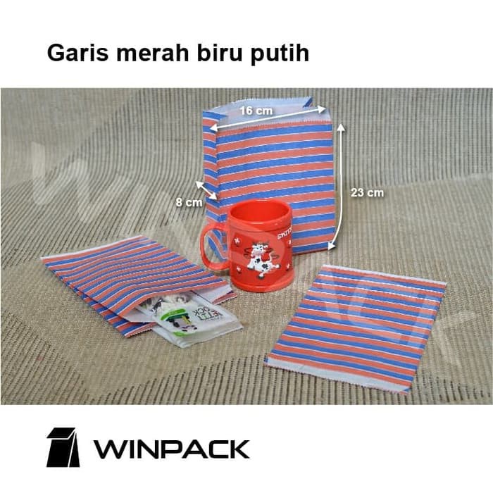 

PAPER BAG, KANTONG KERTAS, GARIS MERAH-BIRU-PUTIH, BUNGKUS SOUVENIR