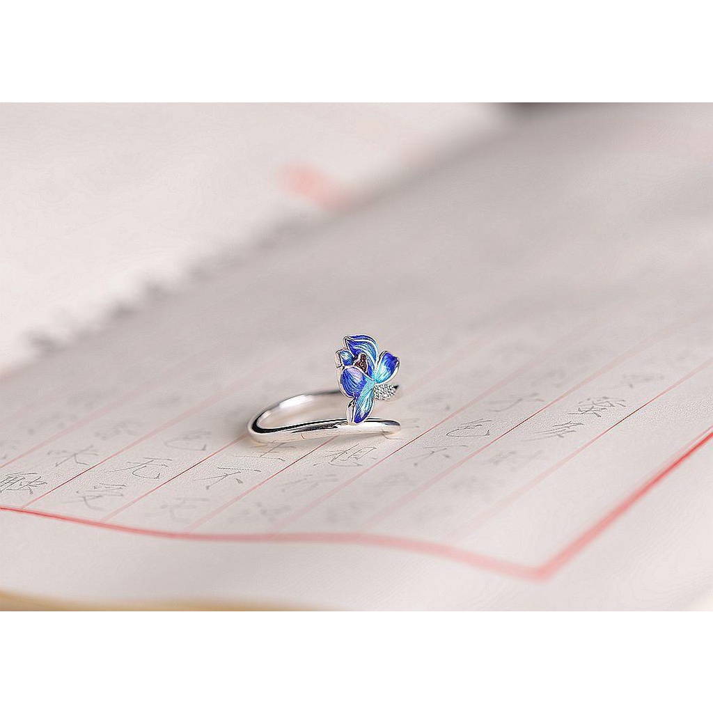 Cincin Lapis Rhodium Desain Lotus Cina Warna Biru Gaya Vintage Untuk Wanita