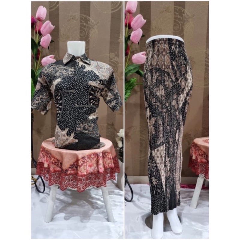 BATIK COUPLE/KEMEJA BATIK COUPLE/BATIK COUPLE LENGAN PENDEK/ROK PLISKET COUPLE