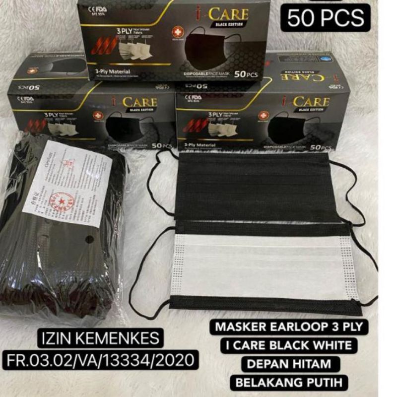 Masker I-care hitam putih  3ply black edition