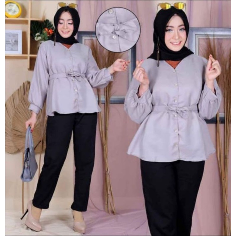 Kemeja Wanita Blouse Tali Pinggang Lengan Panjang Balon Terkini V neck