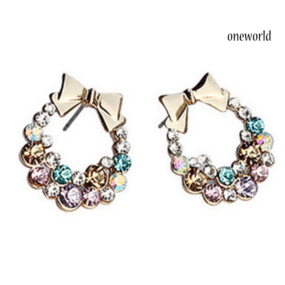 OW@ Women Multicolor Rhinestone Inlaid Bowknot Decor Stud Earrings Jewelry Gift