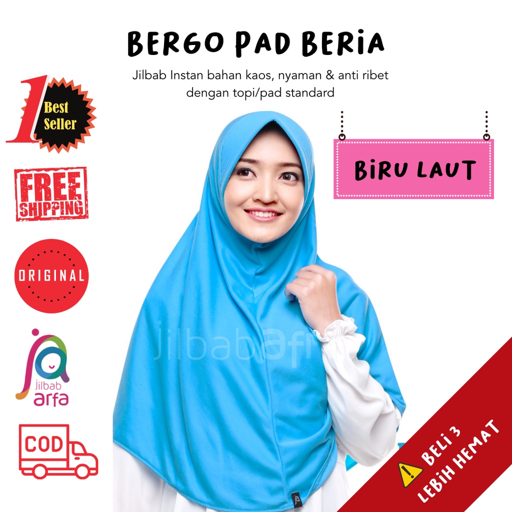 Jilbab Beria Biru Laut - Bergo Jilbab Afra - Hijab Instan Bahan Kaos, Adem & Lembut
