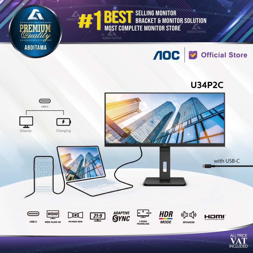 Monitor AOC U34P2C 34&quot; IPS 1440p Ultrawide HDMI DP USB-C 65w Speaker