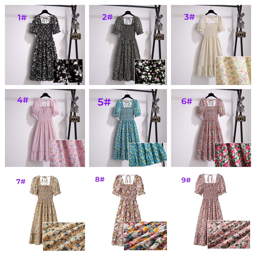 Kualitas Tinggi New Hitam Kuning Merah Muda Hijau Merah Biru Ungu Floral Midi Dress Korea Style Pantai Baju Dress Wanita Baju Pesta Lengan Pendek Gaun 2023 Dada Lipit Musim Panas Dress Bali