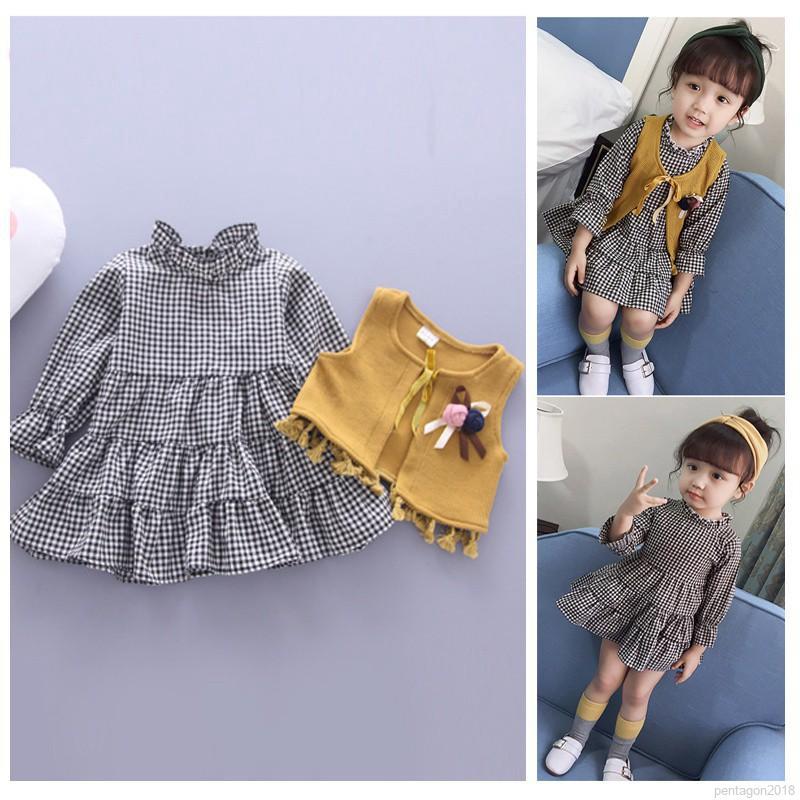 Set Dress Princess Lengan Panjang Motif Kotak + Vest Warna